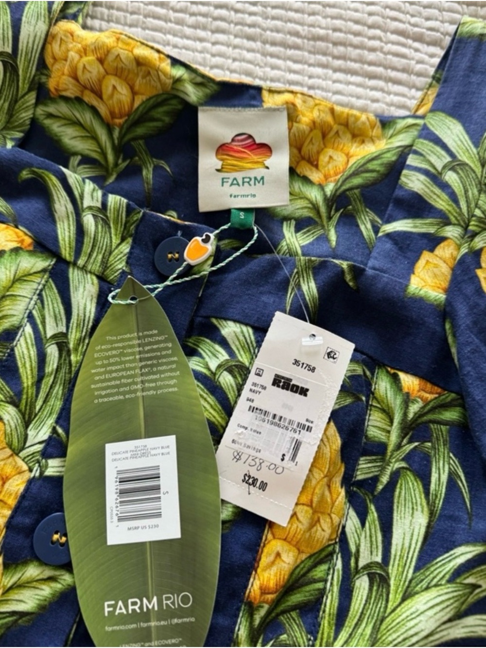 FARM Rio Navy & Yellow Pineapple Button-Front Puff Sleeve Dress - Picture 4 of 4